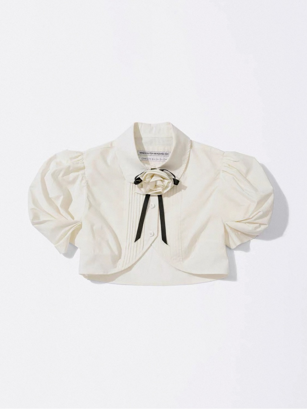 Cropped Puff-Sleeve Blouse in Cream with Bow Detail
